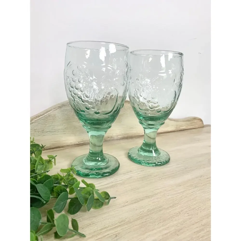 Vintage Libbey Orchard Fruit Green Glass Water Goblets Set of 2 Cottagecore